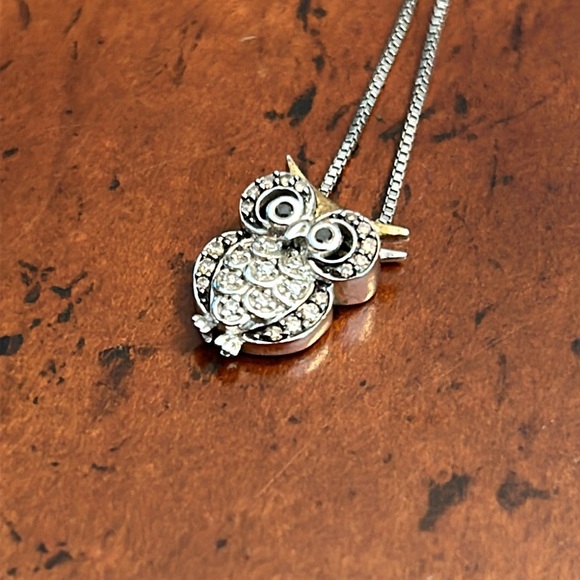 Sterling Silver 14K Gold Diamond Owl Pendant Box Chain Necklace - Picture 7 of 10